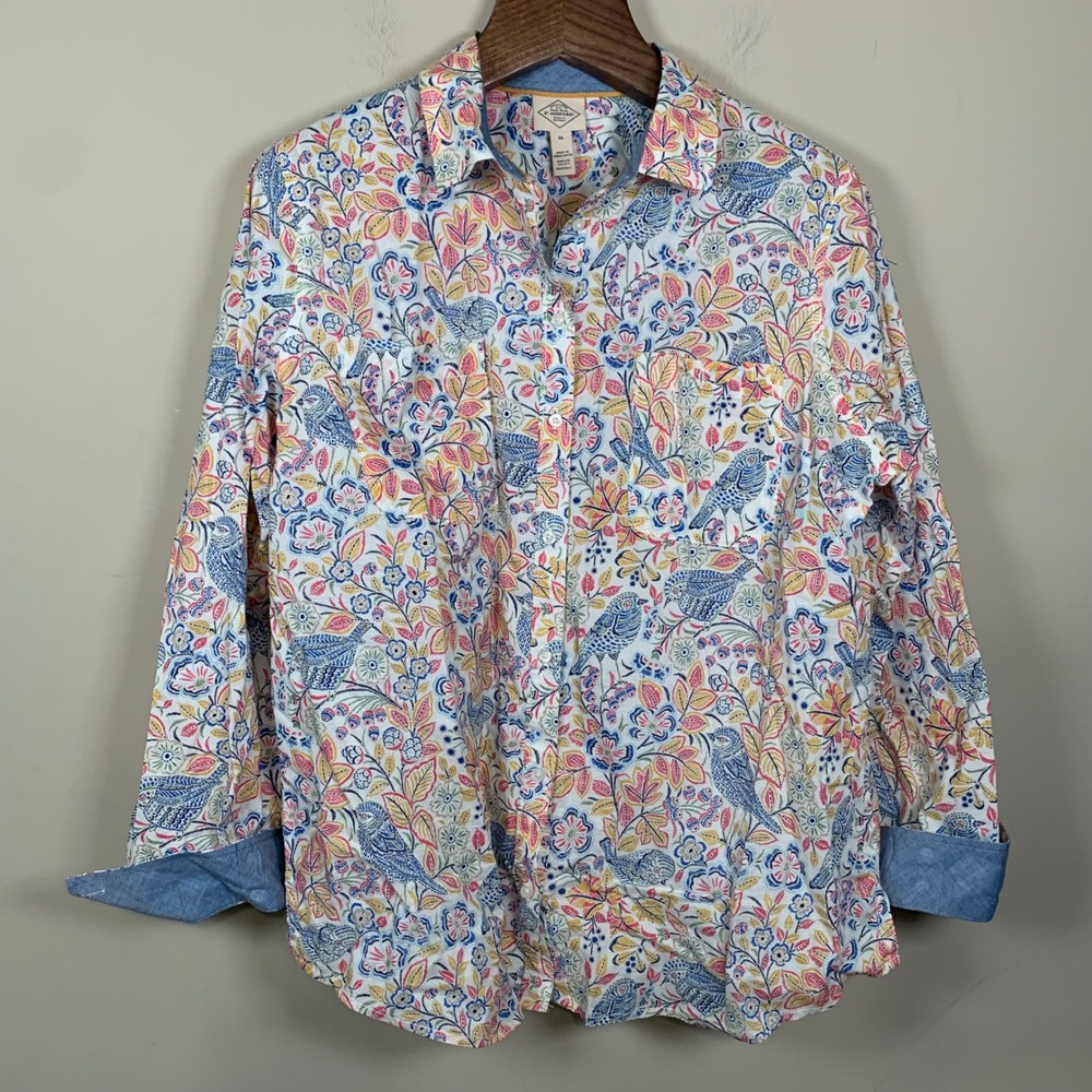 St Johns Bay Ivory Birds L/S Flip Sleeve Button Down Shirt XL